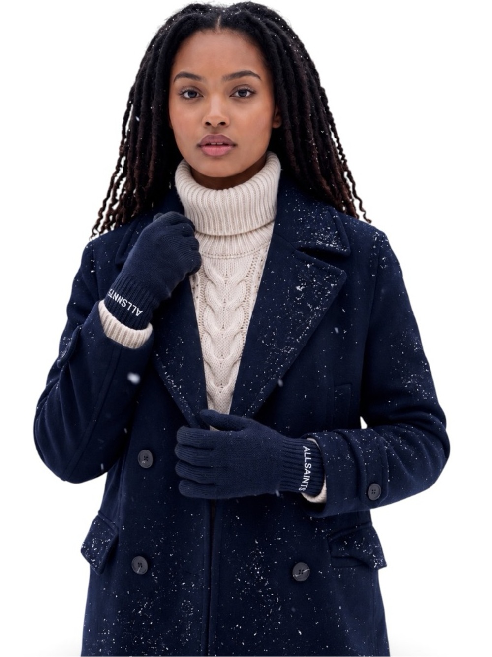 NWT AllSaints Women’s Navy Blue Wool Blend Knit Touchscreen Logo Gloves OS